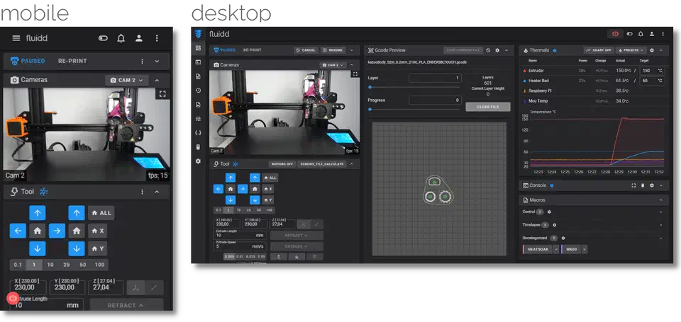 Fluidd web interface shown side by side on mobile and desktop, with a printer camera feed, jog controls, a G-code layer preview and a live temperature chart
