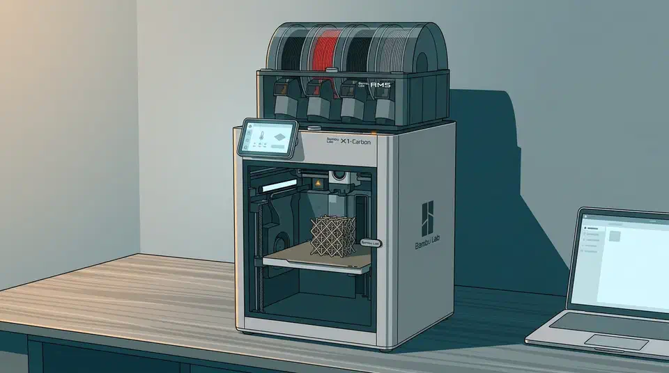Bambu Lab X1 Carbon 3D printer with AMS filament unit on a workbench, touchscreen lit, mid-print