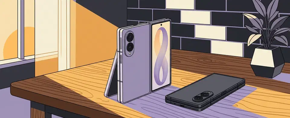 Lavender Galaxy Z Fold 8 standing half open on a walnut desk beside a closed graphite unit showing its two rear lenses