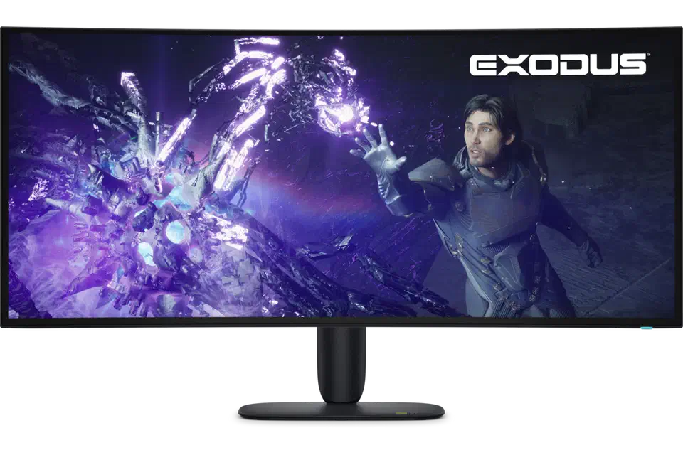 Front view of the Alienware AW3926QW curved ultrawide, its screen filled with a purple game scene, mounted on a slim pillar and wide oval base