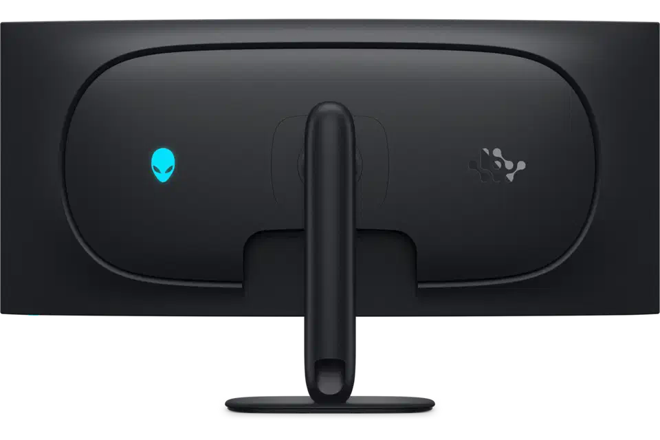 Rear view of the Alienware AW3926QW showing its flat black back panel, glowing blue alien head logo and slim oval stand pillar