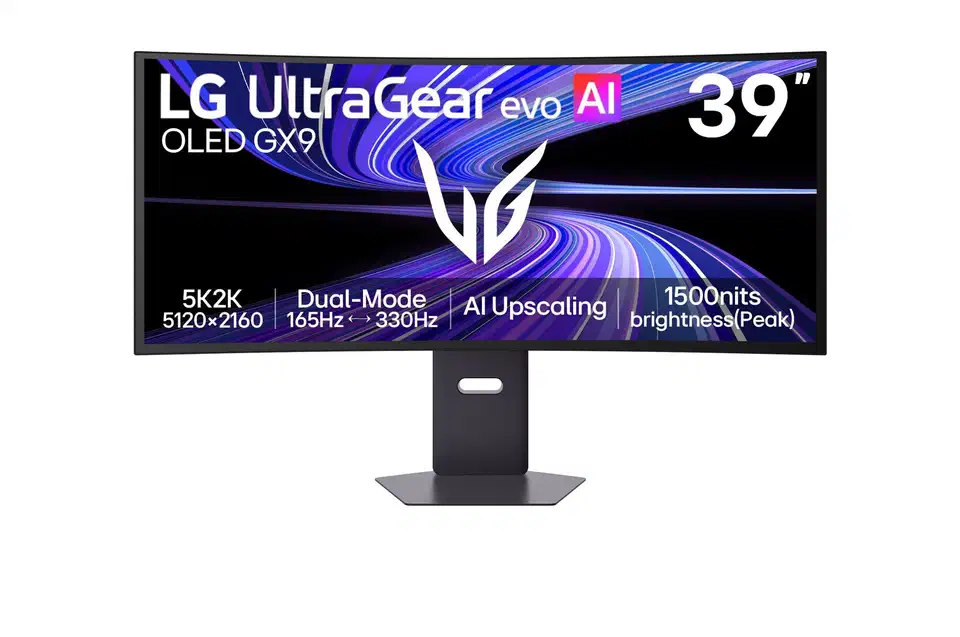 Front view of the LG 39GX950B curved ultrawide on a slotted pillar and hexagonal metal base, its matte screen showing purple light trails