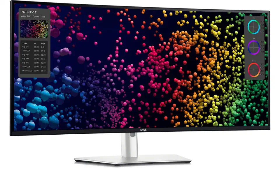 Dell UltraSharp U4025QW seen from the front on its silver stand, showing thin bezels, a shallow 2500R curve, and a flat rectangular base on a single central pillar