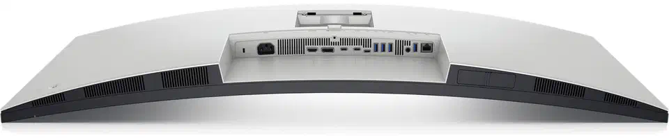 Underside connector bay of the Dell U4025QW seen from below, running left to right: Kensington lock slot, AC power inlet, HDMI, DisplayPort, the 140 W Thunderbolt 4 upstream port, a 15 W Thunderbolt 4 daisy-chain port, a data-only USB-C upstream port, three blue USB-A ports, an audio line-out, one more USB-A, and a 2.5 gigabit RJ45 Ethernet socket