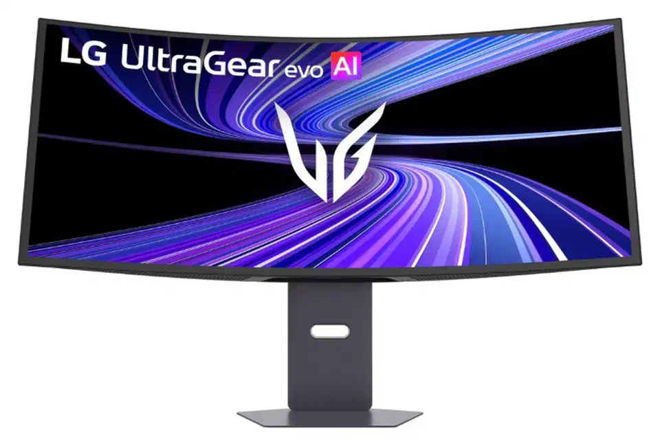 LG UltraGear 39GX950B-B ultrawide OLED monitor viewed from an angle, its 1500R curve wrapping the panel edges forward toward the camera
