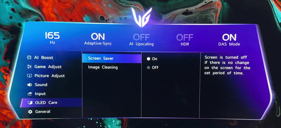 LG 39GX950B-B on-screen menu open on the OLED care page, listing only a screensaver toggle and an image cleaning cycle