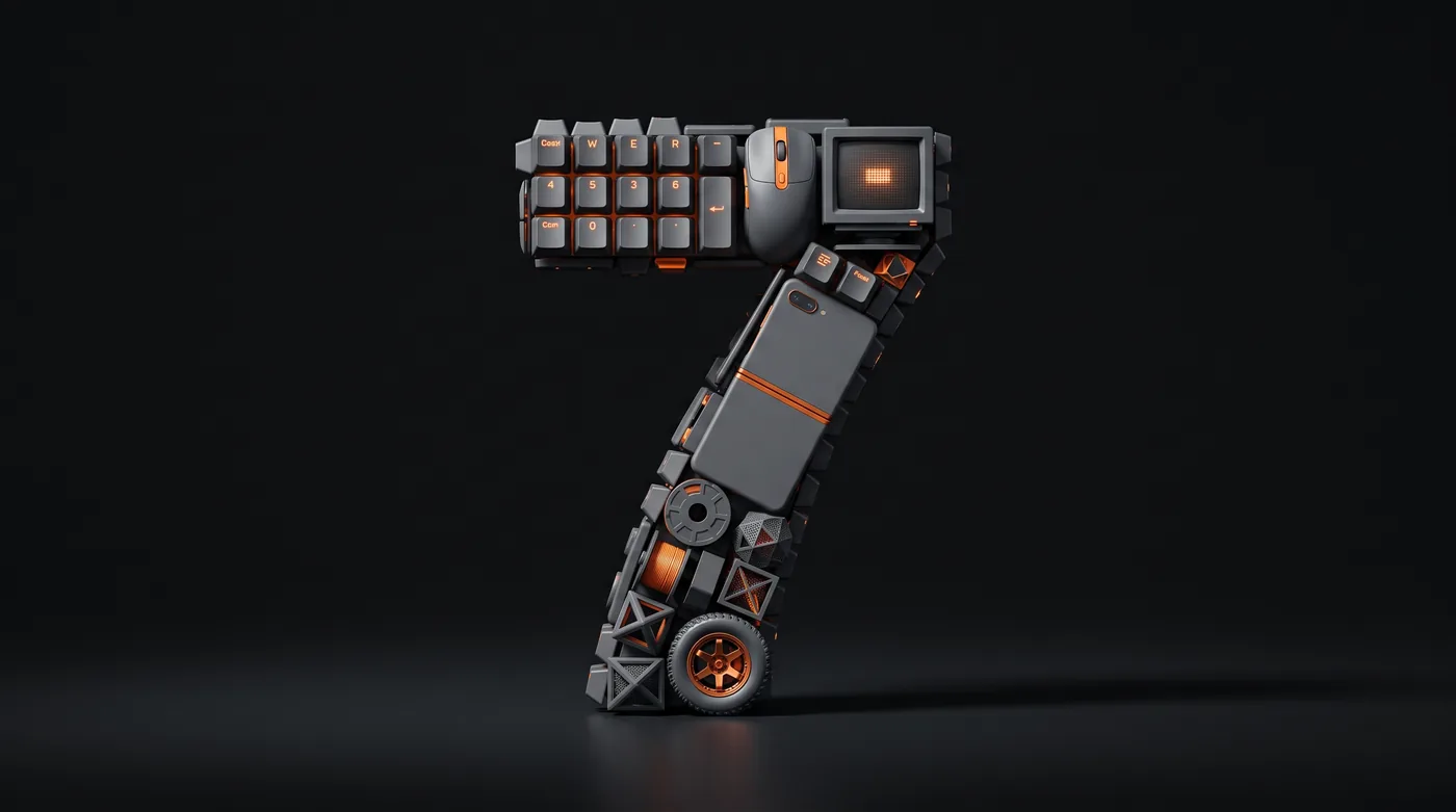 The numeral seven built from keyboard keycaps, a mouse, a small monitor, a folding phone, 3D printed blocks and an RC car wheel