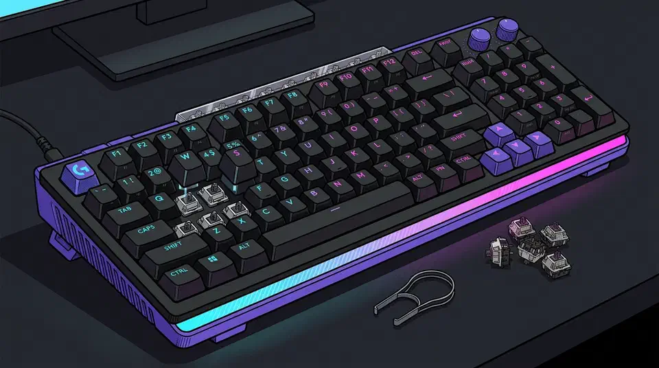 Logitech G512 X keyboard on a dark desk with keycaps lifted near WASD, exposing empty switch sockets beside loose analog switches