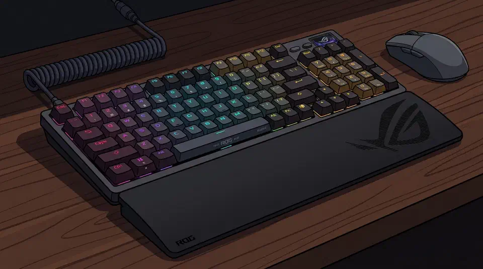 Asus ROG Azoth 96 HE keyboard with RGB backlighting and attached wrist rest on a dark walnut desk beside a mouse