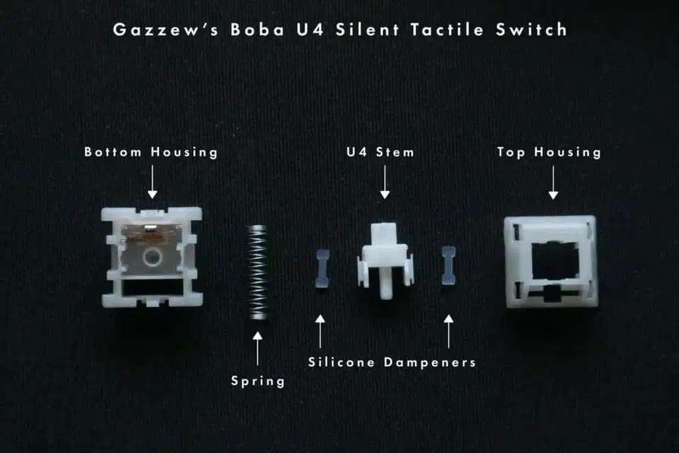 Exploded view of a Boba U4 switch labeling the bottom housing, spring, two silicone dampeners, U4 stem, and top housing