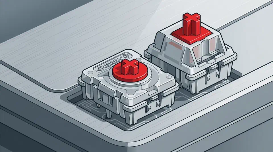 A short clear Cherry MX Low Profile switch with a red cross stem sits beside a taller standard mechanical switch on a slim keyboard deck