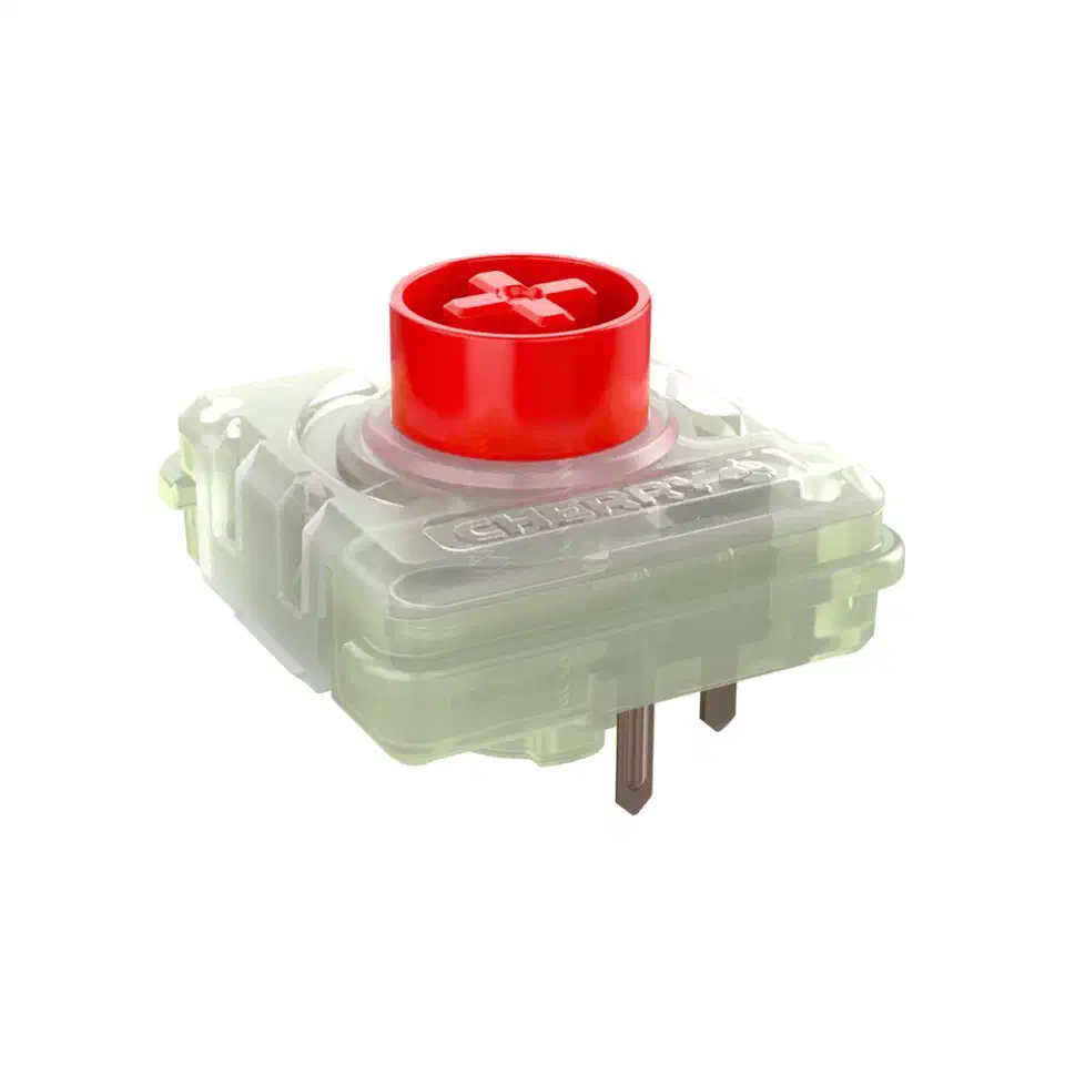 Cherry MX Low Profile 2.0 Red switch with a clear housing, embossed CHERRY name, and a red cross-mount stem, showing its two metal pins