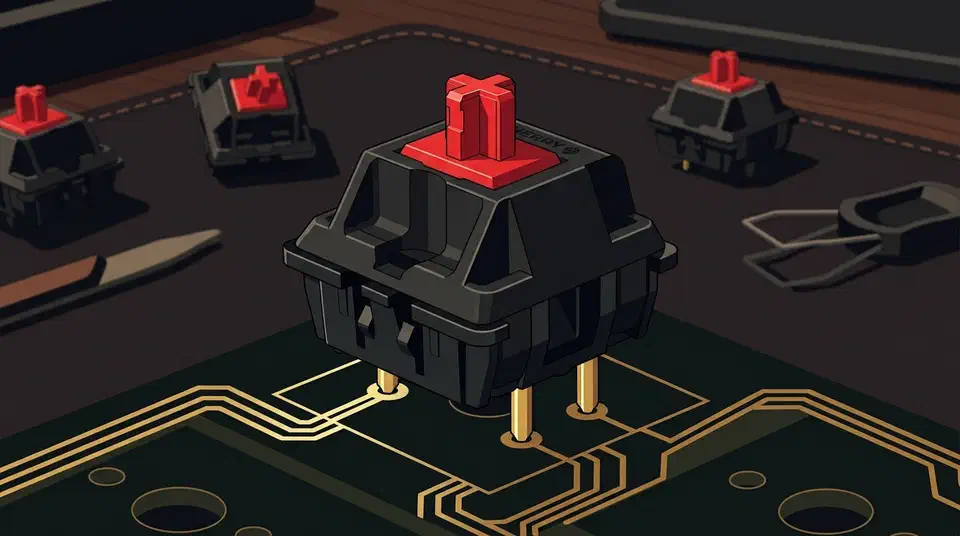 A Cherry MX2A switch with a red stem on a black housing mounted upright on a keyboard PCB, with more switches behind it
