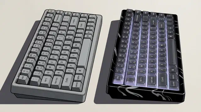 Grey concrete Keychron K2 HE beside a black resin edition with swirling flow patterns and RGB-lit keys