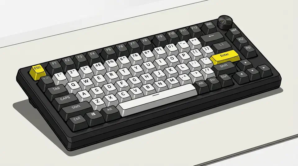 Corsair Makr Pro 75 keyboard with black aluminium case, white keycaps, yellow ESC and Enter keys, and a top-right rotary knob