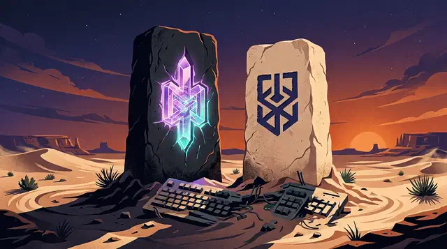 Two stone monoliths in a desert at dusk, one dark with a glowing violet glyph, one pale with an indigo glyph, above a broken keyboard