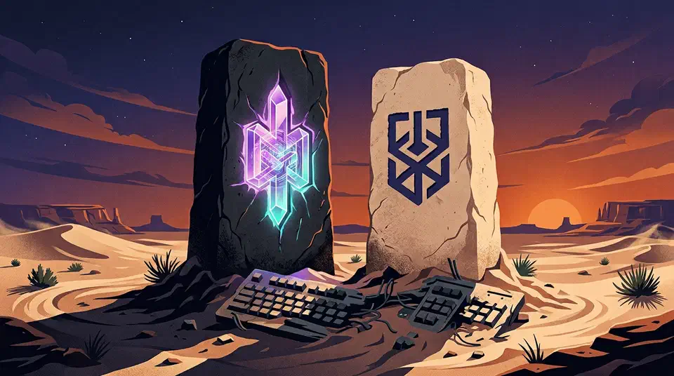 Two stone monoliths in a desert at dusk, one dark with a glowing violet glyph, one pale with an indigo glyph, above a broken keyboard