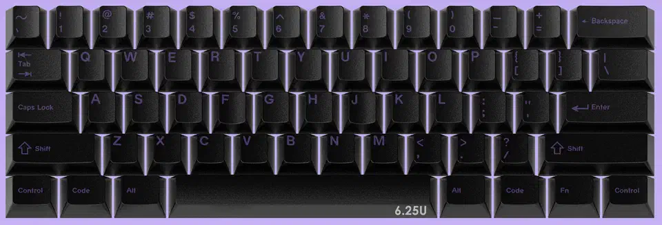 Black GMK CYL PoB keycaps with purple legends arranged as a keyboard alpha block on a lilac background