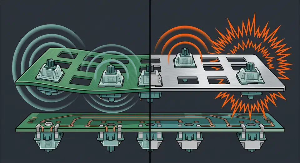 Green FR4 fiberglass keyboard plate emitting soft neutral sound waves beside a silver aluminium plate emitting bright sharp rings