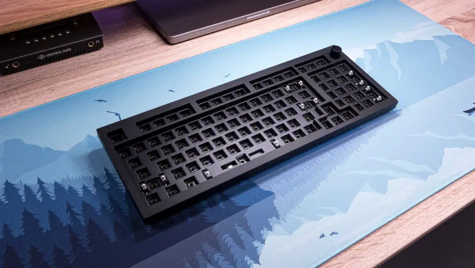 Barebones keyboard with a black switch plate mounted over the PCB, switch sockets visible through the cutouts