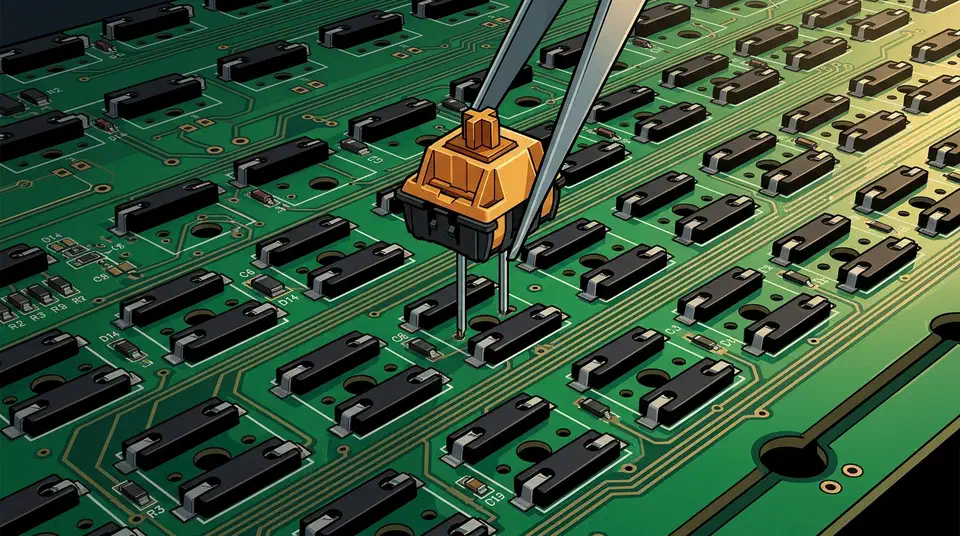 A mechanical keyboard PCB with rows of black hot-swap sockets and an amber switch lowered into one socket by tweezers