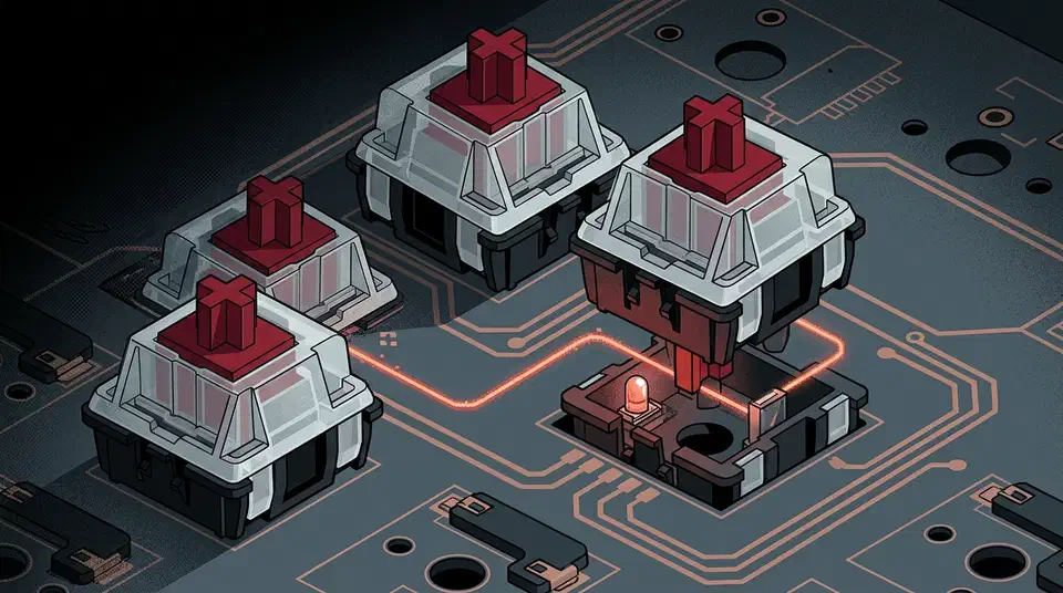 Gateron KS-22 optical switches with red stems standing on a keyboard circuit board, one socket glowing with an infrared LED