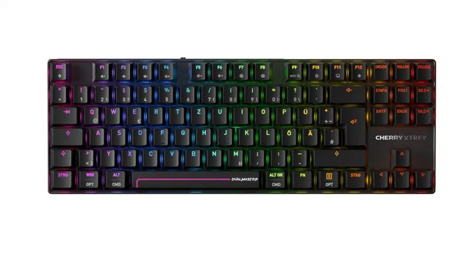 Cherry MX 8.2 Pro TMR Wireless, a black tenkeyless keyboard with rainbow per-key backlighting and a Cherry Xtrfy badge on the top plate