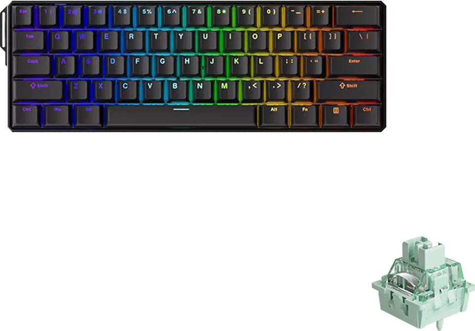 MonsGeek FUN60 Ultra TMR, a black 60 percent keyboard with per-key RGB lighting, shown beside a mint green magnetic switch