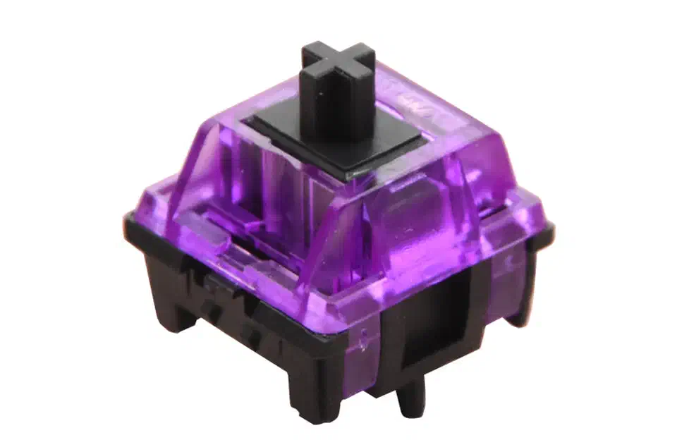 A single HMX Cthulhu linear switch with a transparent purple top housing, black stem and black bottom housing, on a white background