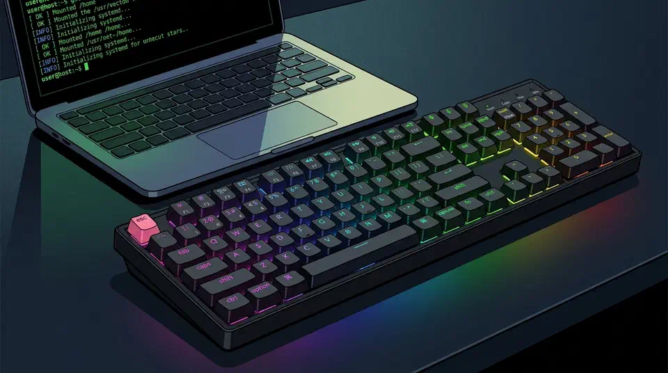 Illustration of a Keychron K10 HE keyboard with rainbow RGB backlighting on a desk beside an open laptop showing a Linux terminal boot log