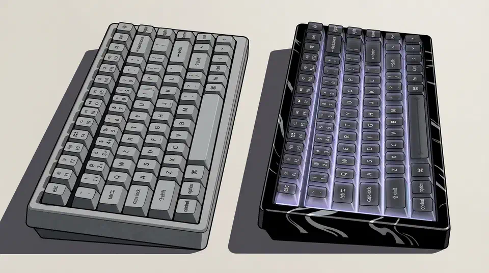 Grey concrete Keychron K2 HE beside a black resin edition with swirling flow patterns and RGB-lit keys