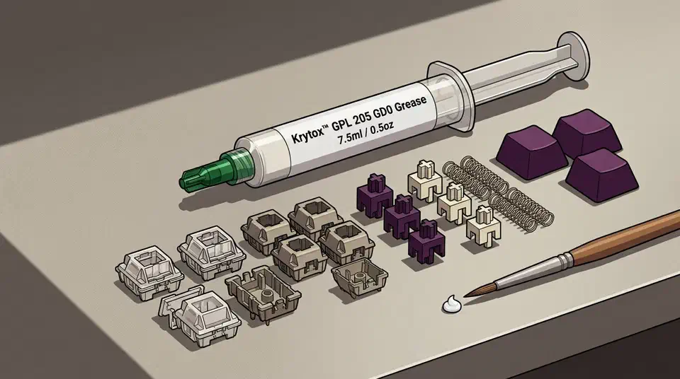 Krytox GPL 205 GD0 grease syringe on a workbench beside disassembled keyboard switch housings, stems, springs and a lube brush