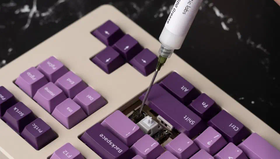 Krytox 205g0 syringe needle pushed into a stabilizer installed under the missing keycaps of a purple and cream keyboard