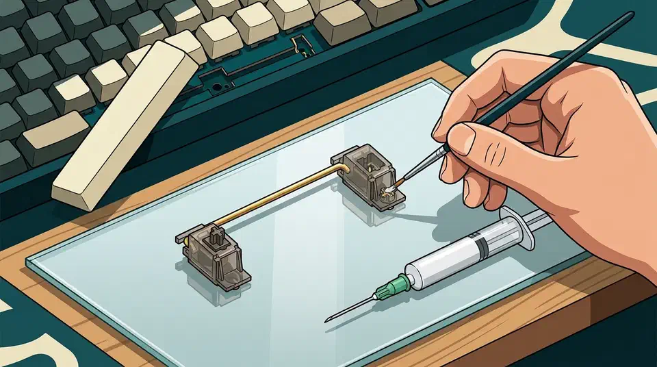 Hand brushing grease onto a Durock stabilizer resting on a glass pane beside a syringe and a keyboard missing its spacebar