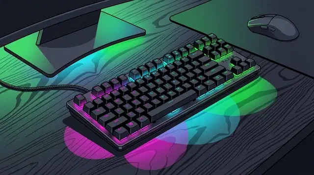 Razer Huntsman V3 HE tenkeyless keyboard on a dark desk with magenta, cyan and green per-key backlighting, cable and mouse beside it