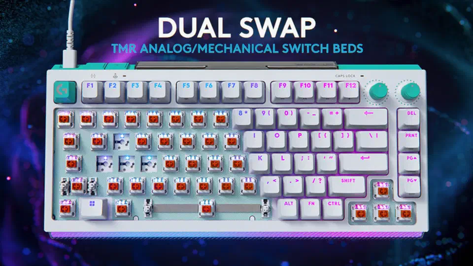 Logitech G512 X with most keycaps removed, showing rows of red TMR analog switches in the Dual Swap sockets across the left and centre of the board