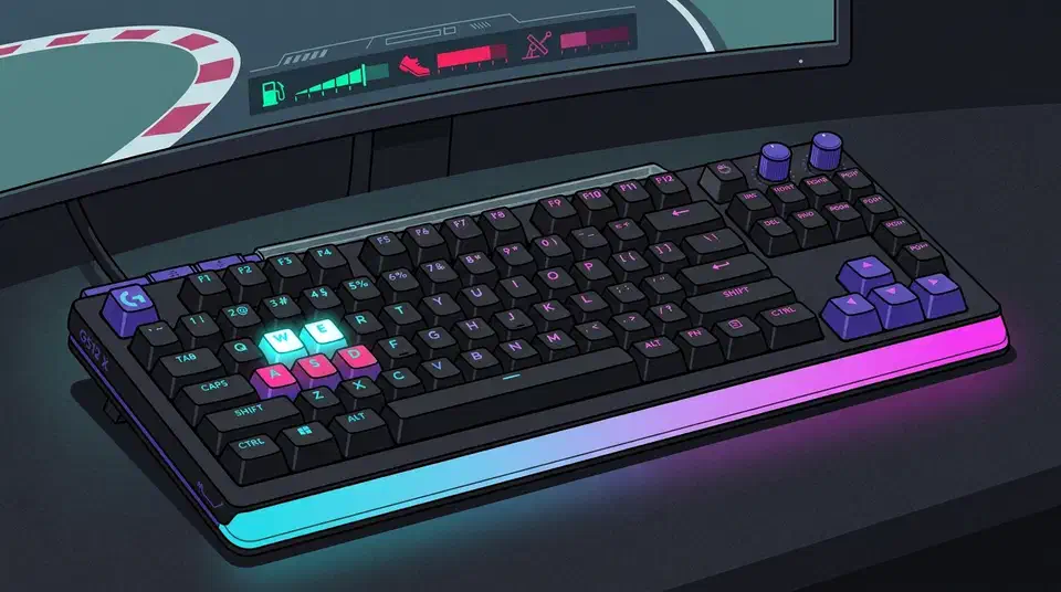 Logitech G512 X keyboard on a desk with WASD keys lit, a sim racing monitor behind showing throttle and brake bars