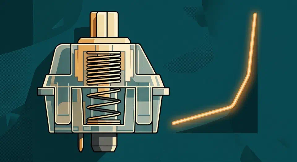 Cutaway mechanical keyboard switch showing a multi-stage spring with tight coils at the top and loose coils at the base beside a rising force curve