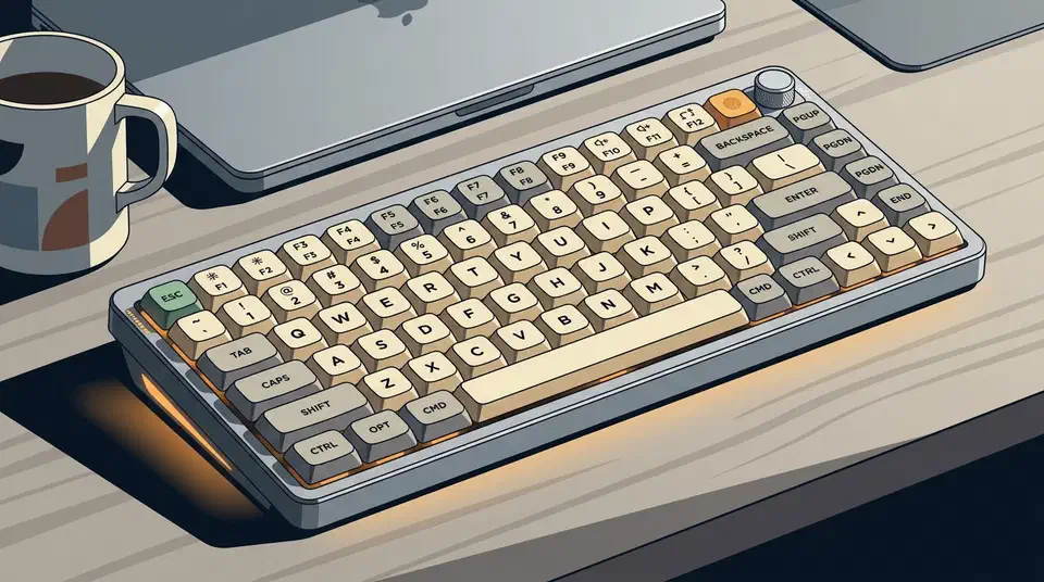 NuPhy Air75 V3 low-profile keyboard with its rotary knob on an office desk beside a laptop and coffee mug, keys lit by warm RGB