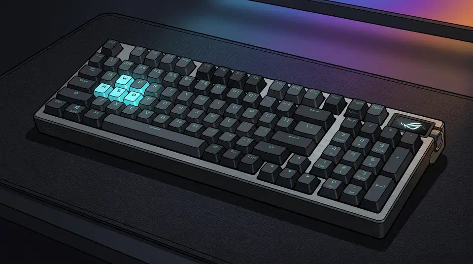 Black ROG Azoth 96 HE keyboard on a dark desk mat, angled three-quarter view with WASD keys lit and the side OLED screen glowing
