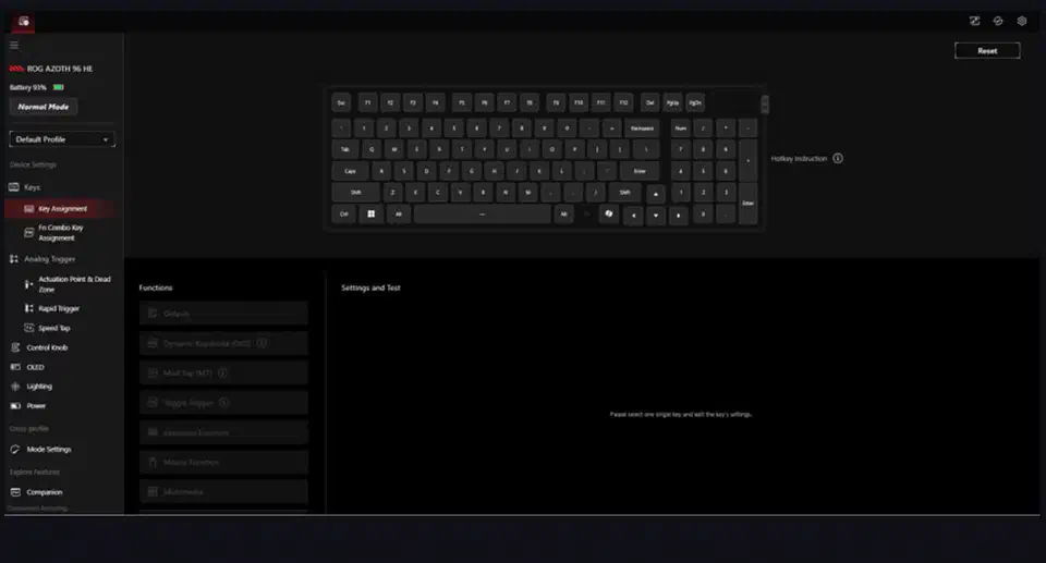 ROG Gear Link configurator showing the Azoth 96 HE key map with an Analog Trigger sidebar listing Actuation Point and Dead Zone, Rapid Trigger and Speed Tap