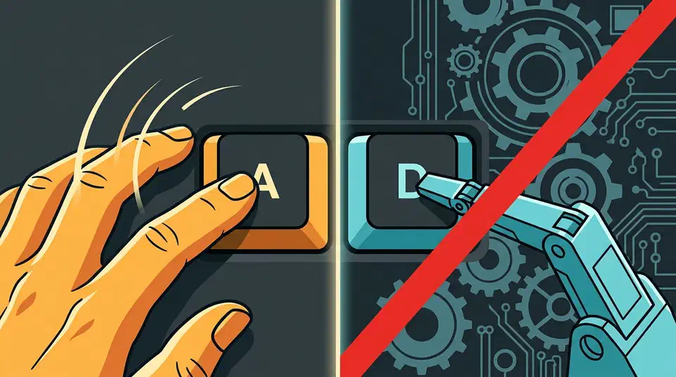 Human hand pressing an A keycap beside a robotic arm pressing a D keycap crossed out by a red slash