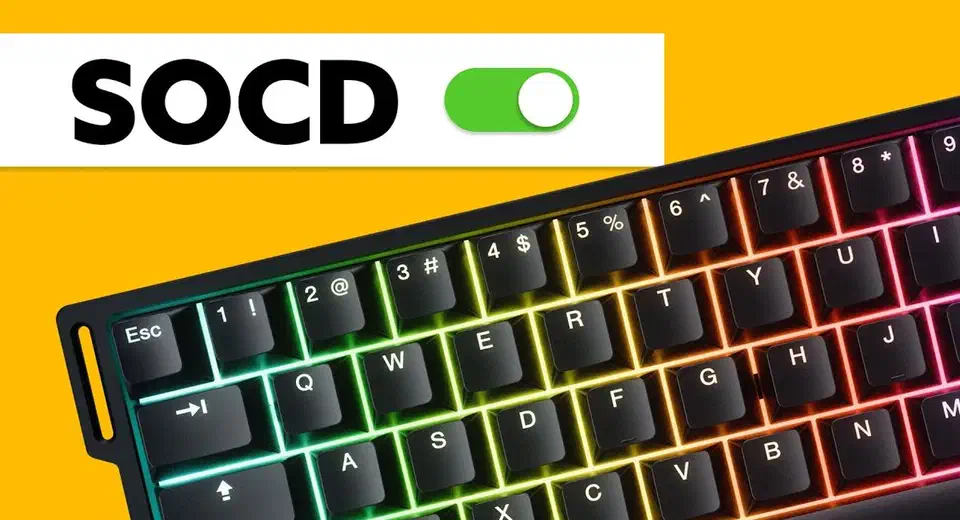 Wooting keyboard with rainbow backlighting beside a green SOCD toggle switch turned on