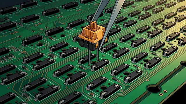 A mechanical keyboard PCB with rows of black hot-swap sockets and an amber switch lowered into one socket by tweezers