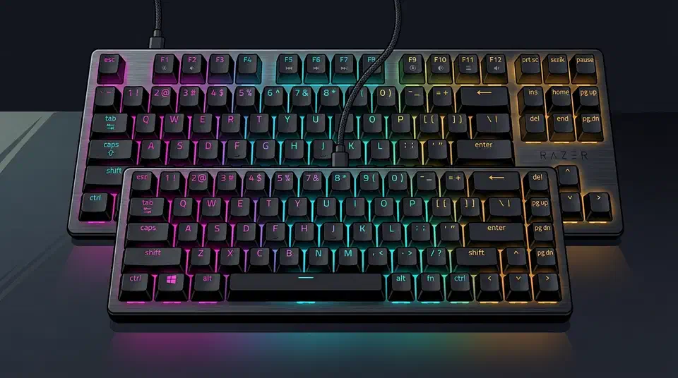 Two Razer Huntsman V3 HE keyboards, a 65 percent Mini in front of a tenkeyless, both lit with rainbow RGB and plugged in by braided cables