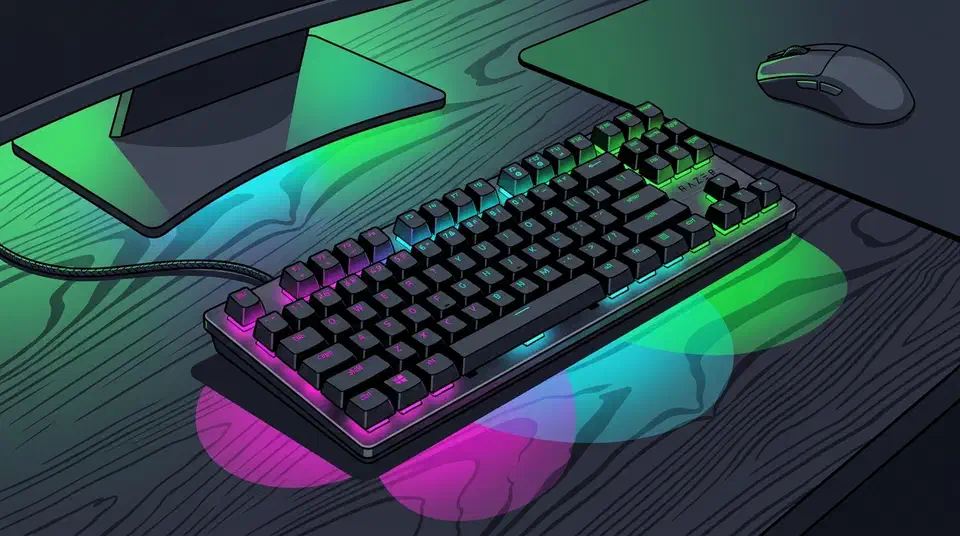 Razer Huntsman V3 HE tenkeyless keyboard on a dark desk with magenta, cyan and green per-key backlighting, cable and mouse beside it