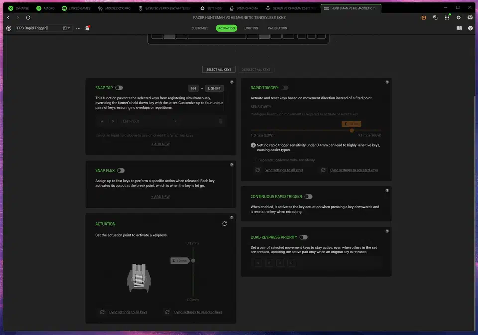 Razer Synapse Actuation tab showing the actuation slider set to 1.2mm on a 0.1mm to 4.0mm scale, with Rapid Trigger and Snap Tap panels beside it