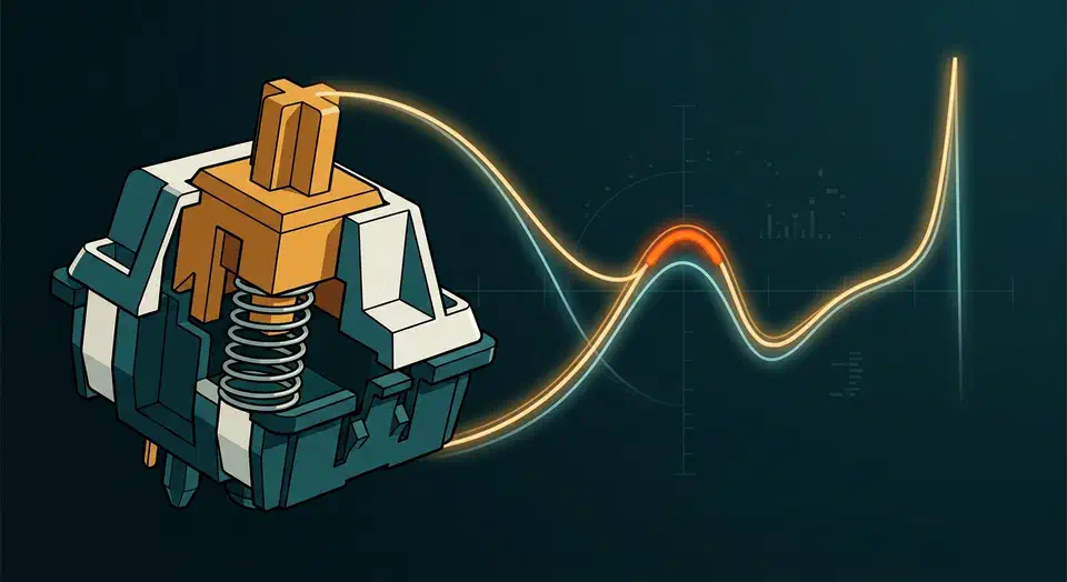 Cutaway mechanical keyboard switch with a glowing force curve arcing from its stem through a tactile bump to a bottom-out spike