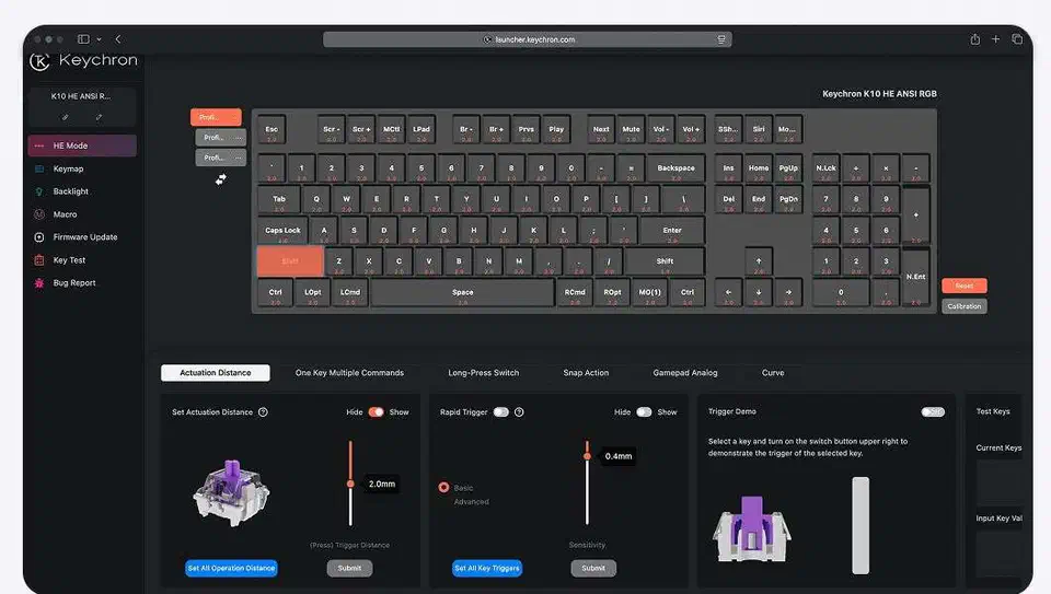 Keychron Launcher web app showing the actuation distance and rapid trigger sliders for the K10 HE, set to 2.0mm and 0.4mm