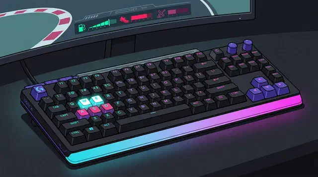 Logitech G512 X keyboard on a desk with WASD keys lit, a sim racing monitor behind showing throttle and brake bars